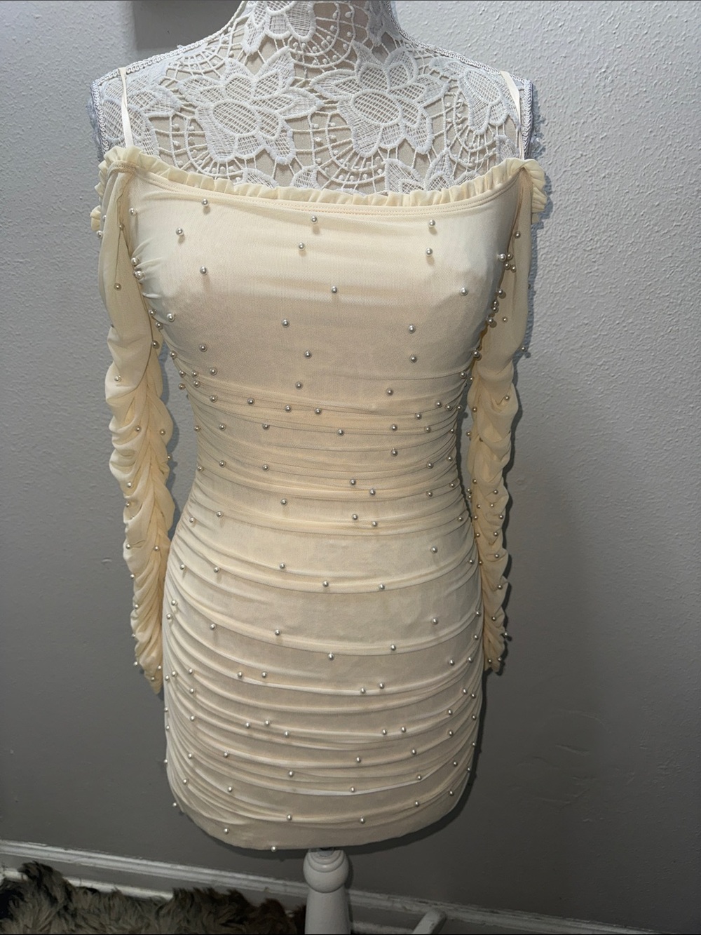 Windsor Cream Pearl-Embellished Off-Shoulder Mini Dress